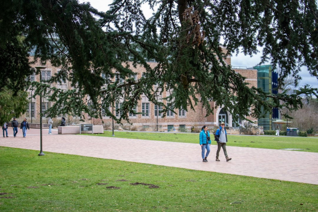Students walking on a university campus in the United States